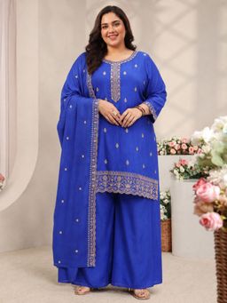 Extra love by Libas - Blue Floral Zari Embroidered Straight Kurta & Solid Palazzo With Dupatta