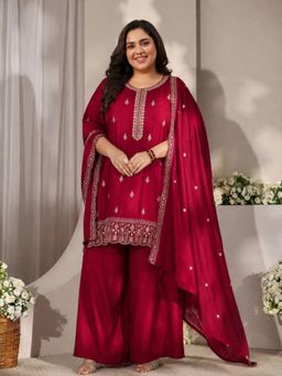 Extra love by Libas - Wine Floral Zari Embroidewine Straight Kurta & Solid Palazzo With Dupatta