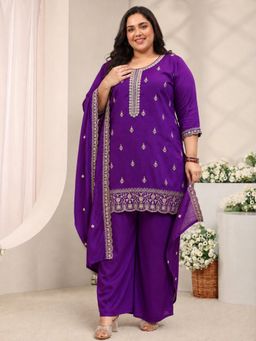 Extra love by Libas - Purple Floral Zari Embroidered Straight Kurta & Solid Palazzo With Dupatta