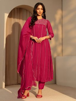 Libas - Pink Floral Zari Embroidered Empire Style A-Line Kurta & Pant With Dupatta