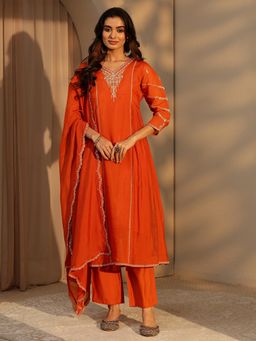 Libas - Orange Floral Zari Embroidered A-Line Kurta With Lining & Pant With Dupatta