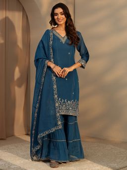 Libas - Blue Floral Zari Embroidered Straight Kurta & Embellished Sharara With Dupatta