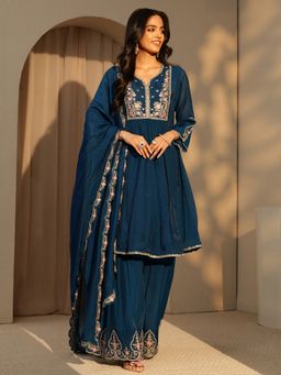 Libas - Blue Floral Zari Embroidered Yoke Design A-Line Kurta With Sharara & Dupatta