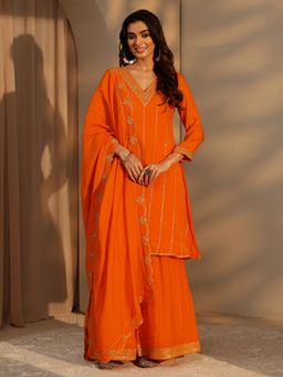 Libas - Orange Striped Zari Embroidered A-Line Kurta With Lining & Palazzo With Dupatta