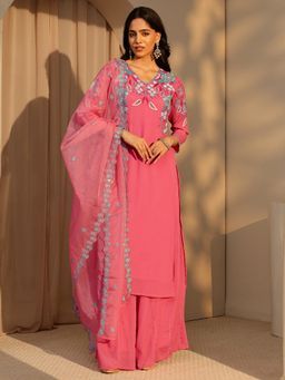 Libas - Coral Floral Embroidered Kurta With Lining & Palazzo With Organza Dupatta