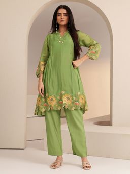 Libas - Green Floral Embroidered Pleated A Line Tunic With Solid Palazzo