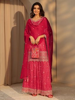 Libas Art - Red B&Hani Short Kurta With Lining & Palazzo With Solid Chiffon Dupatta