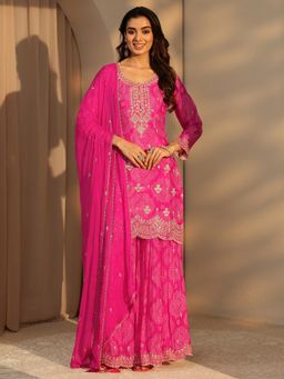 Libas Art - Pink B&Hani Short Kurta With Lining & Palazzo With Solid Chiffon Dupatta