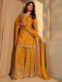 Libas Art - Yellow B&Hani Short Kurta With Lining & Palazzo With Solid Chiffon Dupatta