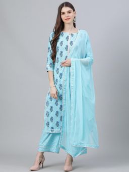Libas - Blue Cotton Kurta & Blue Cotton Palazzo With Blue Chiffon Solid Dupatta