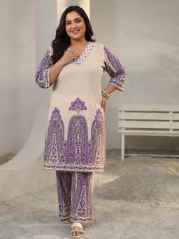 Extra love by Libas - Plus Size Off White Paisley Straight Kurta With Paisley Wide Leg Palazzo