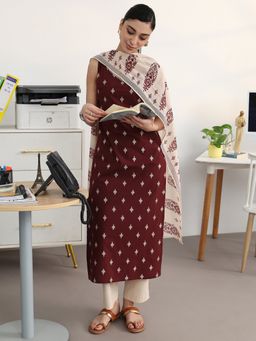 Libas - Maroon Ethnic Motif Printed Straight Kurta With Solid Palazzo & Printed Dupatta