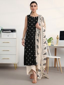 Libas - Black Ethnic Motif Printed Straight Kurta With Solid Palazzo & Printed Dupatta