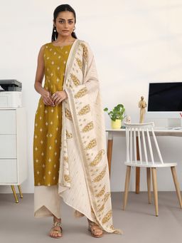 Libas - Mustard Ethnic Motif Printed Straight Kurta With Solid Wide Leg Palazzo