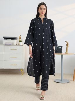 Libas - Black Motifs Woven Design A-Line Kurta With Chevron Pant