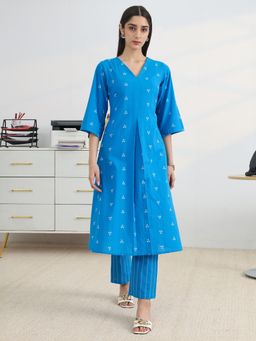 Libas - Blue Ethnic Motif Design A-Line Kurta With Pocket & Design Chevron Palazzo