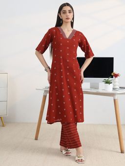 Libas - Red Ethnic Motif Design A-Line Kurta With Pocket & Design Chevron Palazzo