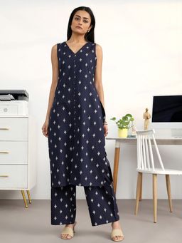 Libas - Navy Blue Ethnic Motif Printed Straight Kurta With Ethnic Motif Printed Palazzo