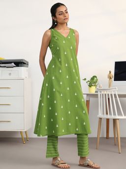 Libas - Green Motifs Woven Design A-Line Kurta With Pant
