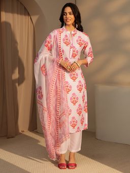 Libas - White Floral Printed Straight Kurta With Solid Pant & Floral Printed Dupatta