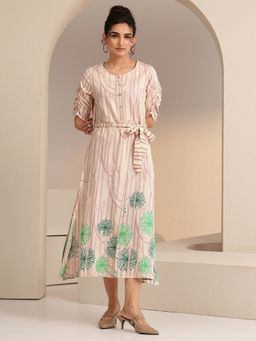 Libas - Off White Floral Printed A-Line Panelled Dress With Belt