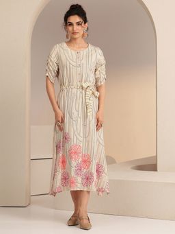 Libas - Off White Floral Printed A-Line Panelled Dress With Belt