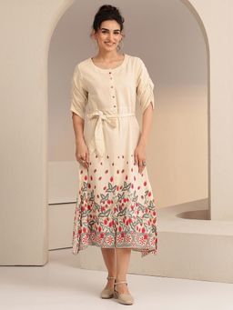 Libas - Off White Floral Printed Panelled A-Line Dress With Belt