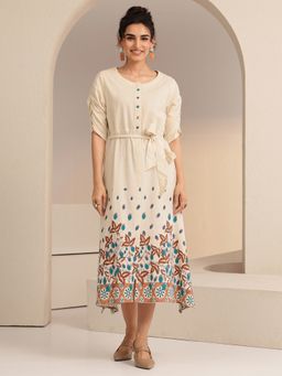 Libas - Off White Floral Printed Panelled A-Line Dress With Belt