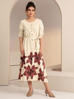 Libas - Off White Floral Printed Panelled A-Line Dress With Belt