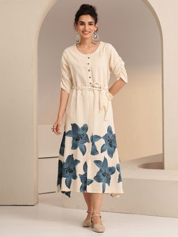 Libas - Off White Floral Printed Panelled A-Line Dress With Belt