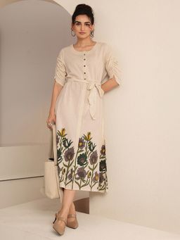 Libas - Off White Floral Printed Panelled A-Line Dress With Belt