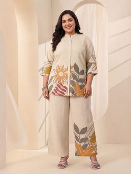 Extra love by Libas - Off White Floral Printed Straight Tunic With Button Placket & Printed Pant