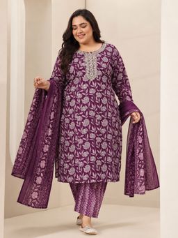 Extra love by Libas - Wine Floral Straight Kurta With Chevron Pant & Floral Dupatta