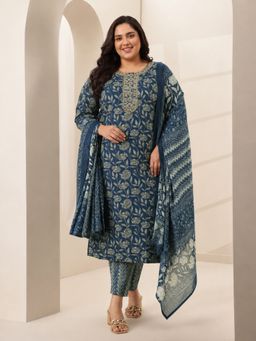 Extra love by Libas - Teal Floral Straight Kurta With Chevron Pant & Floral Dupatta