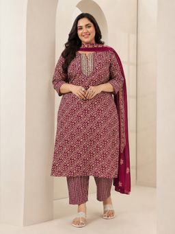 Extra love by Libas - Maroon Ethnic Motif Straight Kurta With Striped Pant & Ethnic Dupatta