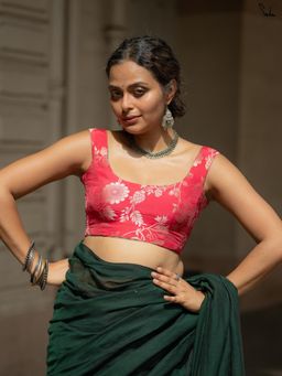 Suta - Reversible Pink Brocade & Multicolour Checkered Blouse With Stretchable Sides