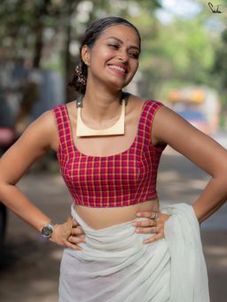 Suta - Reversible Purple Zari Striped & Red Checkered Blouse With Stretchable Sides