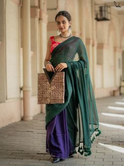 Suta - Purple & Green Mul Cotton Saree With Contrasting Green Tassels
