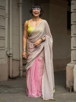 Suta - Pink & Grey Mul Cotton Saree With Contrasting Green Tassels