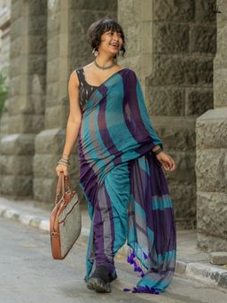 Suta - Light Blue, Purple & Grey Mul Cotton Saree With Contrasting Purple Tassels