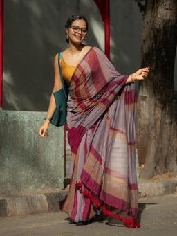 Suta - Maroon, Brown & Grey Striped Mul Cotton Saree With Contrasting Maroon Tassels Without Blouse