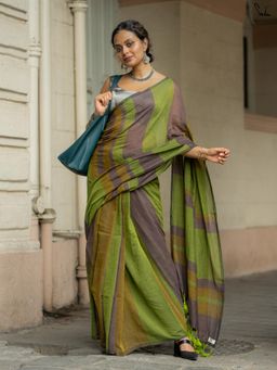 Suta - Light Green, Beige & Mauve Mul Cotton Saree With Contrasting Light Green Tassels