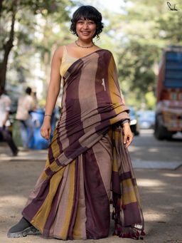 Suta - Wine, Light Green & Grey Striped Mul Cotton Saree With Contrasting Wine Tassels
