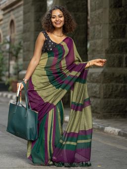 Suta - Purple, Dark Green & Light Green Mul Cotton Saree With Contrasting Green Tassels