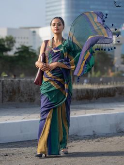 Suta - Purple, Beige & Dark Green Mul Cotton Saree With Contrasting Blue Tassels
