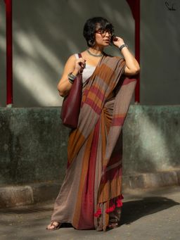 Suta - Maroon, Beige & Grey Striped Mul Cotton Saree With Contrasting Maroon Tassels