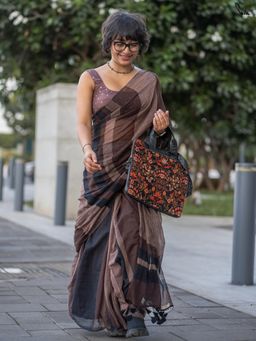 Suta - Brown, Black & Beige Striped Mul Cotton Saree With Contrasting Black Tassels