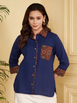 Vbuyz - Women's Blue Solid Straight Cotton Flex Stitched Shirt