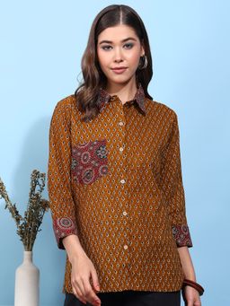 Vbuyz - Women's Mustard Printed Straight Cotton Stitched Shirt