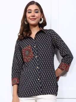 Vbuyz - Women's Blue Printed Straight Cotton Stitched Shirt